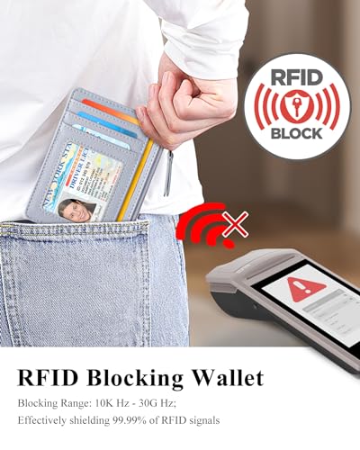 Image of Teskyer Slim RFID Wallet for Women, Small Card Holder with Zip Pocket, Grey, 3.5 inch x 4.7 inch, Minimalist | Zip Pocket for Cash Coin, 1 ID Window & 7 Card Slots, Ultra Slim Design, D-Ring for Neck Lanyard, for Daily Carry and Travel