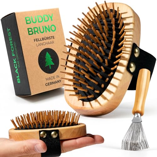 Hundebürste Unterwolle für Langhaar - 100% Naturborsten - Made in Germany - sanfte Unterfellbürste zum Entfilzen & Glätten ohne Ziepen - geölter FSC® Holzgriff + extra Bürstenreiniger