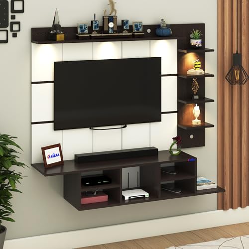 Image of Anikaa Charley Engineered Wood Wall Mount Striped PVC Back Panel TV Unit with Spot LED Lights | TV Cabinet with Open Storage Box (Wenge) | Ideal for UP to 43 Inch TVs - DIY Installation