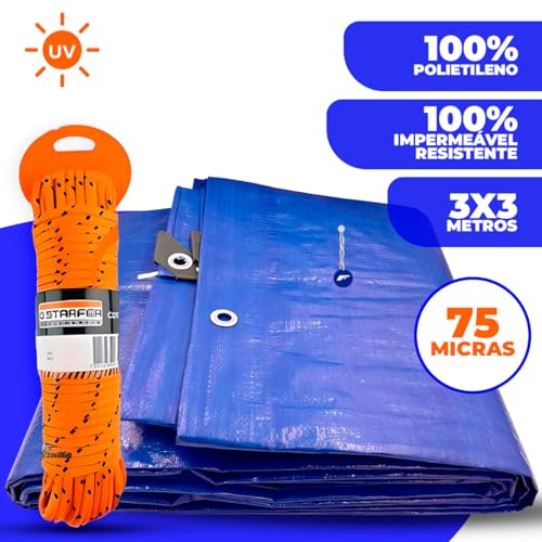 Lona Azul Impermeável Carreteiro, Piscina, Toldos, Caminhão 75G 3x3 Metros + Corda 10 Metros