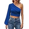 LYANER-Womens-Ruched-One-The-Shoulder-Lantern-Long-Sleeve-Crop-Blouse-Shirt-Top-Royal-Blue-Large LYANER Women's Ruched One The Shoulder Lantern Long Sleeve Crop Blouse Shirt Top Royal Blue Large