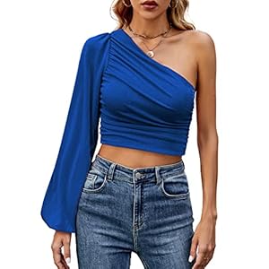 LYANER-Womens-Ruched-One-The-Shoulder-Lantern-Long-Sleeve-Crop-Blouse-Shirt-Top-Royal-Blue-Large LYANER Women's Ruched One The Shoulder Lantern Long Sleeve Crop Blouse Shirt Top Royal Blue Large