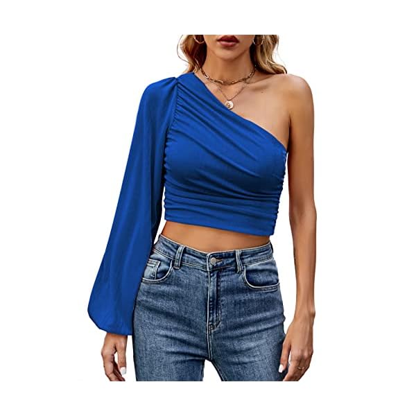 LYANER-Womens-Ruched-One-The-Shoulder-Lantern-Long-Sleeve-Crop-Blouse-Shirt-Top-Royal-Blue-Large LYANER Women's Ruched One The Shoulder Lantern Long Sleeve Crop Blouse Shirt Top Royal Blue Large