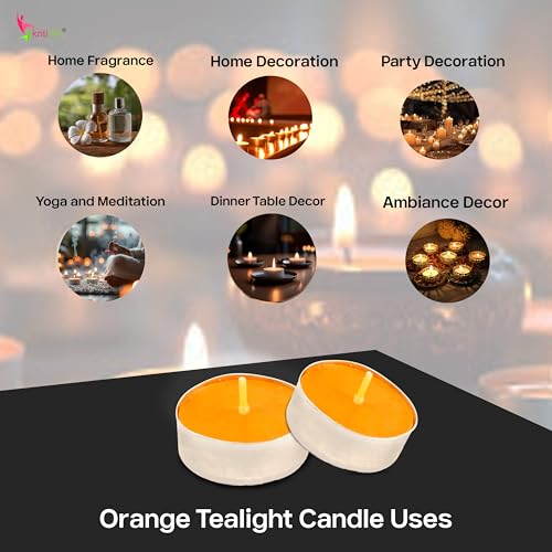 Image of Kriti Life Orange Scented Tealight Candles - 100% Paraffin Wax, Smokeless, Long Burn Time (4.5 Hours), Dripless Orange Candles for Home Decor, Diwali, Weddings & Meditation - Set of 50