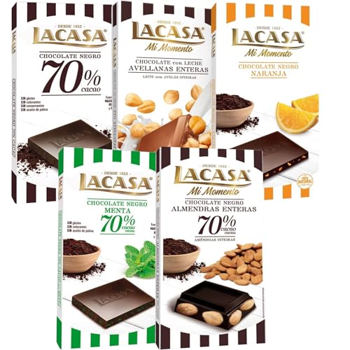 Lacasa pack 5 tabletas de chocolate:leche avellanas, naranja chocolate negro,negro 100g, menta y chocolate, almendra 200g