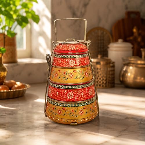 Image of iHandikart Handpainted Decorative Lunch Box Tiffin | Multiple Tier Stainless Steel Food Box | Designer Indian Print Tiffin for School | Diwali Gift, Navratri Gift (Color - Multicolor)