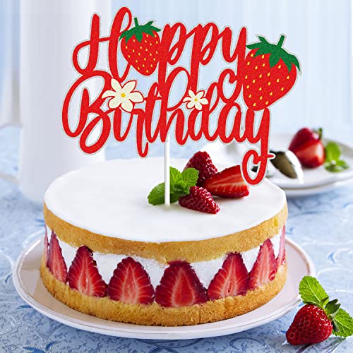 Strawberry Happy Birthday Cake Topper Red Glitter Summer Fruit Garden Theme Bday Party Decoration Photo Props For Girls #TOP4