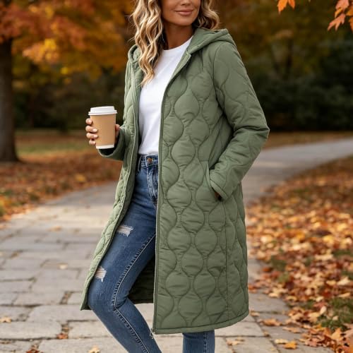 Long Puffer Coat Women with Hooded Winter Double Zip Quilted Jacket 2026 | Womens Long Wave Quilted Puffer Coat with Hood, Zip Front, Side Pockets, and Lightweight Warmth for 2026 Fall Layering. — view 3