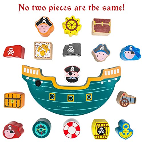 Imagination Generation Wooden Wonders Balancing Playset | Develops Dexterity, Motor Skills, Sharing Skills | Safe Wood & Paint | 18 Pc Pirate Boat Playset #TOP3
