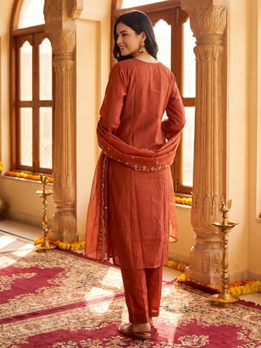 Image of INDO ERA Women's Silk Blend Embroidered Thread Work Kurta & Pant with Dupatta Set | Suit Set For Women