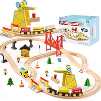 60PCS Wooden Train Set - Construction Express, Engineering Railway with Magnetic Crane, Trains & Accessories, Perfect Christmas Birthday Party Toy Gift for Kids Toddlers Boys Girls Ages 2-8
