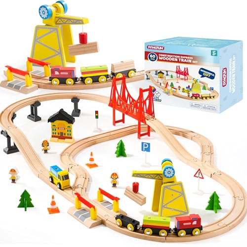 SYNCFUN 60-teiliges Montessori Holzeisenbahn Set Spielzeug ab 3 4 5 6 7 8 Jahren Kinder – BAU-Express, Ingenieureisenbahn mit Magnetkran, Zügen und Zubehör, Geschenk für Jungen und Mädchen