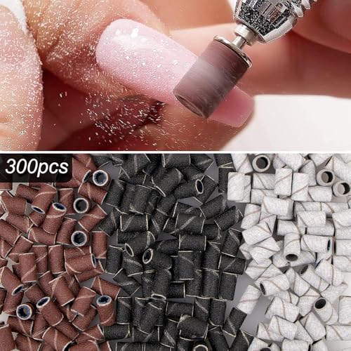 BELICOO Sanding Bands for Nail Drill 300Pcs, w/ 7Pcs Nail Drill Bits, 150#180#240#Grit Nail Sanding Bands for Manicures Pedicures, Electric Nail File Bits