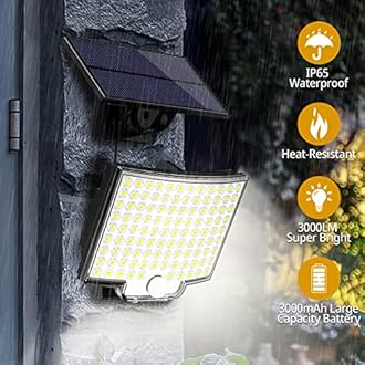 Solar Lights Outdoor, 106 LED 3000LM Solar Powered Motion Sensor Flood Lights with Remote, Dusk to Dawn Led Solar Security Wall Lights with 16.5Ft Cable IP65 Waterproof for Outside, Garage, 1 Pack