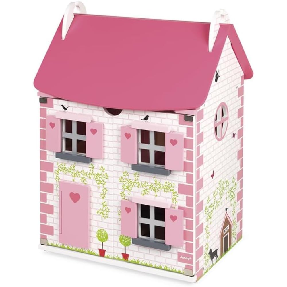 Janod - Maison de Poupée en Bois Mademoiselle - 3 Etages et 11 Accessoires Inclus - Jouet d'Imitation - Développer l'Imagination - Dès 3 Ans , J06581, Rose