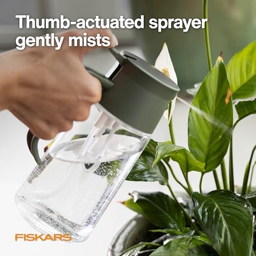 Image of Fiskars 2-in-1 Mist & Pour Watering Can, Space Saving Glass Plant Mister with Thumb Pump Sprayer and Spout for Indoor Plants, Boost Humidity & Soak Roots of Houseplants, 17 oz, Modern Decor Style