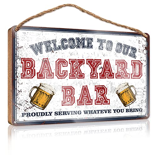SWFG Hanging Porch Sign Welcome To Our Backyard Bar Proudly Serving Whateve You Bring Wooden Sign Room Stuff Boys Room Decor(20X30CM)