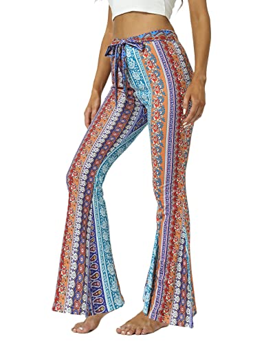 WSPLYSPJY Women's Floral & Paisley Print Knot Front Flare Leg Pants Bowknot Tie Belted2