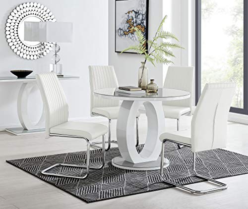 Furniturebox UK Giovani Modern Stylish Grey/White High Gloss and Glass 100cm Round Dining Table and 4 Modern Lorenzo Chairs Set (Dining Table + 4 White Lorenzo)