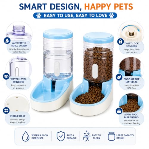 Image of PetVogue Twin Deluxe Plastic Pet Bowl, Food Feeder & Water Feeder, Feeding Stations, Dispenses Dog Food or Cat Food for Dogs Cats & Pets (Blue)