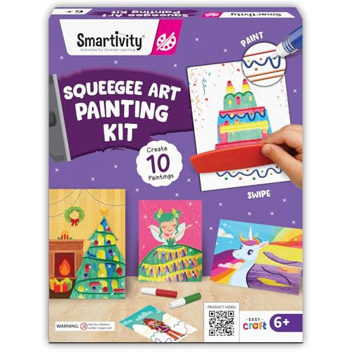 Image of Smartivity Squeegee Art Painting Kit for Kids 4-8 Years - DIY Swipe & Swirl Canvas Painting Set - Make 10 Colorful Art Sheets - Creative Birthday Gift for Boys & Girls