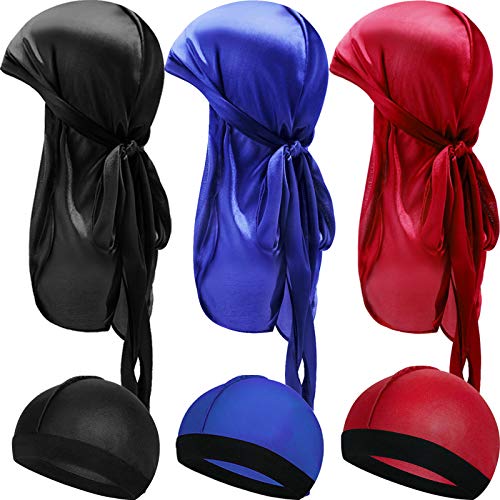 6 Pieces Kids Satin Durags with Wave Caps Set Unisex 360 Wave Headwraps with Long Tail and Wide Straps (Black Blue Wine Red)