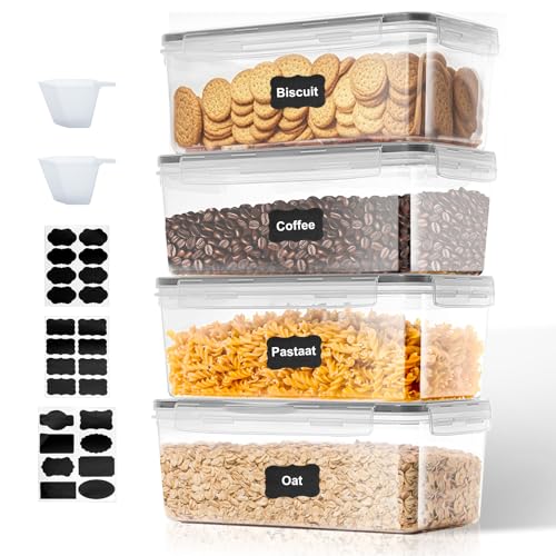 Cozary 3.2L Botes Cocina Almacenaje de Plástico 4 Piezas, Recipientes Herméticos Para Alimentos,Contenedores Cocina con Tapa y Etiqueta y Cuchara Dosificadora, para Cereales, Pasta, Harina y Azúcar