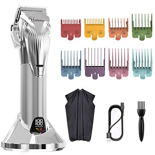 Hatteker Hair Clipper for Men Cordless Hair Trimmer Professional Hair Cutting Kit Barber Clipper Beard Trimmer with 8 Colorful Combs USB Rechargeable (Silver)