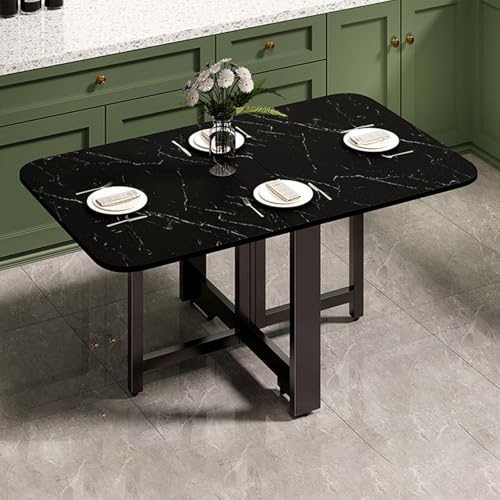GUQASDV Mesa de Comedor Plegable, Mesa Extensible con alas abatibles y Patas Ajustables con Soporte antivuelco,con Estructura metálica, mesas con alas abatibles(Black Stone Pattern,100cm)