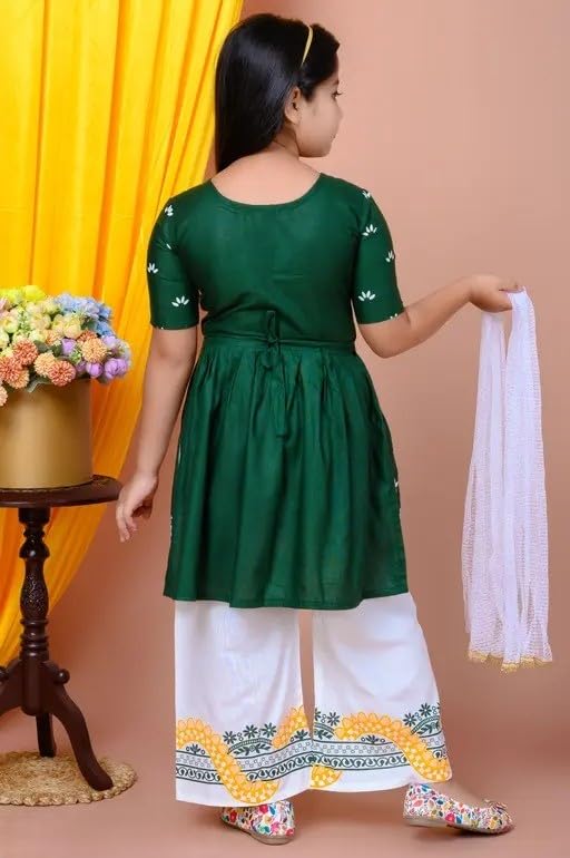 Image of Girls' Traditional Printed Kurti with Palazzo and Dupatta Set, Pink and White, Floral Design