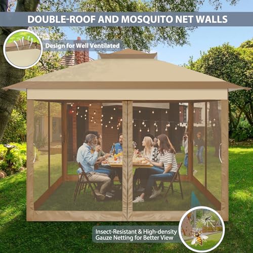 Image of COBIZI Pop Up Gazebo 11x11 One-Push Canopy Tent, Carpas Para Patio, Outdoor Canopy Shelter with Double Roof Ventiation 121 Square Feet of Shade for Lawn, Garden, Backyard and Deck, Khaki(Upgraded 2.0)
