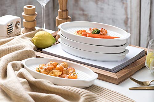 Bruntmor Plate Set Dinner Plates Set Of 4 Porcelain Matte Glaze Sushi Serving Tray 9" Dinner Plates, Oven Safe Roasting Grill Pan With Handles Oval Dish, White #TOP3