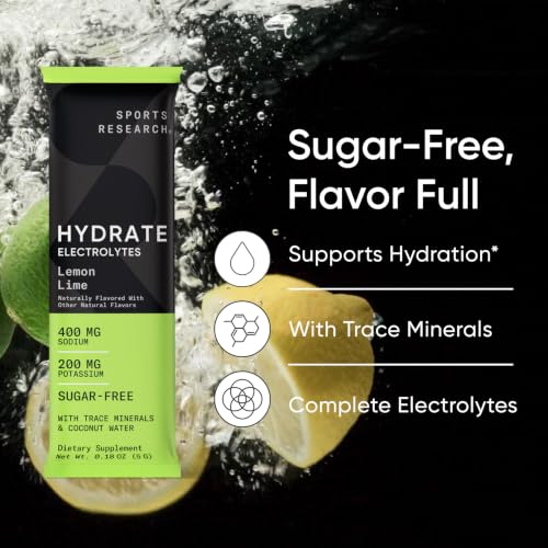 Image of Sports Research Hydrate Electrolytes Lemon Lime, 16 Packets | Sugar-Free & Flavorful with 7 Essential Vitamins, 65 Trace Minerals, and Coconut Water for Whole Body Hydration