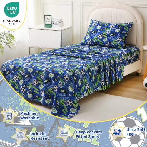 Image of Viviland 3 Pieces Boys Soccer Twin Sheet Set - Soft Microfiber Fitted Flat Sheets & Pillowcase Bed Sheet Set - Navy Football Print Bedding Sets for Kids