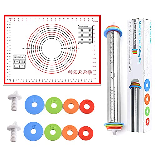 Zlion Rolling Pin with Thickness Rings â€“ Stainless Steel and Corrosion-Resistant Adjustable rolling pin w/ Silicone Pastry Mat â€“ Rolling Pins for Baking Pizza, Dough, Pastry, Fondant, Pasta
