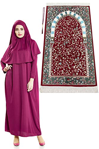 Vestidos musulmanes para mujeres, vestido de oración islámica de una sola pieza de manga larga, alfombra de oración y cuentas, conjunto islámico - rosa - 3XL/6XL Cover