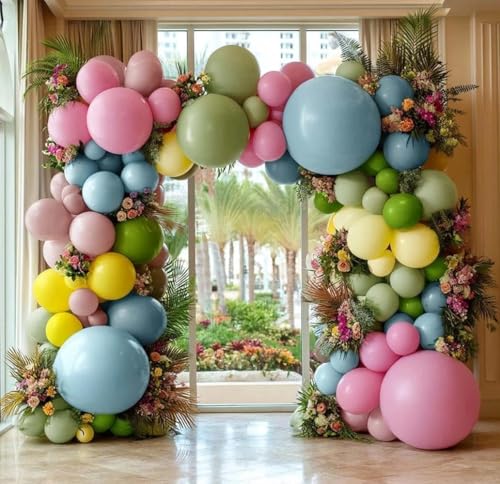 Image of Colorful Balloon Arch Double Stuffed Latex Blue Yellow Green Pink Balloons Wildflower Balloon Garland for Spring Flower Birthday Baby Shower Garden Candy Party Decoration