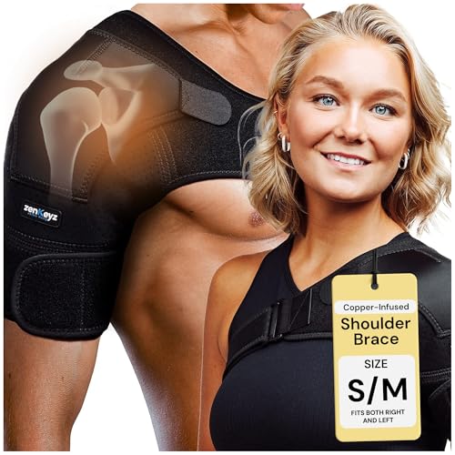 ZENKEYZ Shoulder Brace & Arm Sling - S/M, Black/Copper - Copper Infused Shoulder Immobilizer & Compression Sleeve for Rotator Cuff & Tendonitis Relief - Adjustable Strap & Ice/Heat Pack Pocket