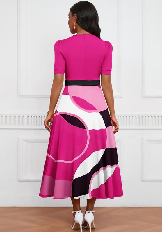 Image of MarryUP Women's Midi Dresses - V Neck Cocktail & Church Tea Dresses - Short Sleeve A-Line Swing Dress
