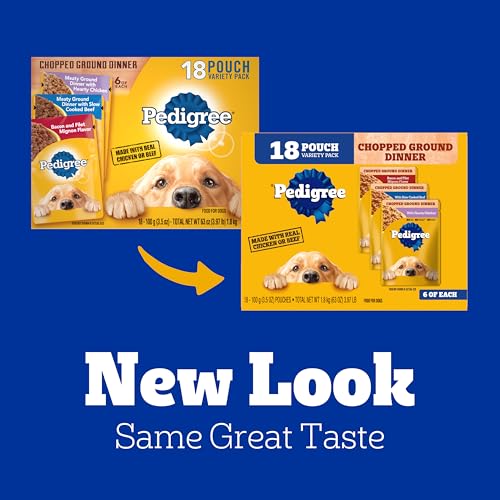 Image of Pedigree Chopped Dinner Wet Dog Food Pouch, Variety Pack, 3.5 oz, 18 Count | Chicken, Beef, Bacon & Filet Mignon, no added sugar, no artificial flavors, serve as topper or complete meal, steam cooked