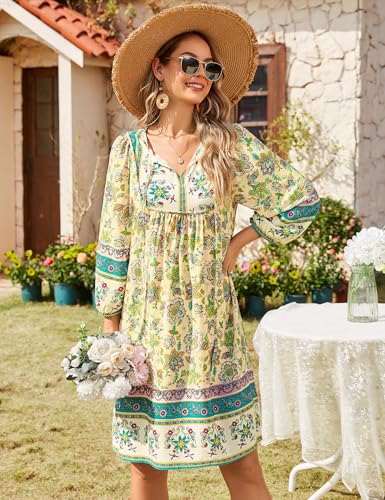 Image of Bluetime Women Casual Summer Dress Boho V Neck 3 /4 Sleeve Babydoll Floral Print Flowy Beach Dress