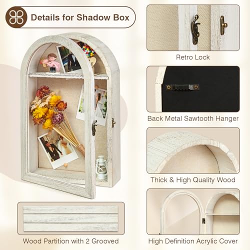 Image of DGWJSU Shadow Box Frame 10x16 Large Shadow Boxes Display Cases with Linen Back and Removable Shelves, Picture Frame Wedding Bouquet Memorabilia Medals Photos Memory Box for Keepsakes (White)