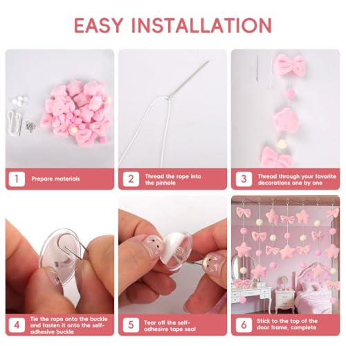 Image of HASTHIP 7Pcs DIY Pink Plush Hanging Garland Set with Suction Cups, Stringed Decorative Door Hanging Ornament, Soft Star Bow & Pom-Pom Decorative Garlands, Pastel Nursery Door Decor