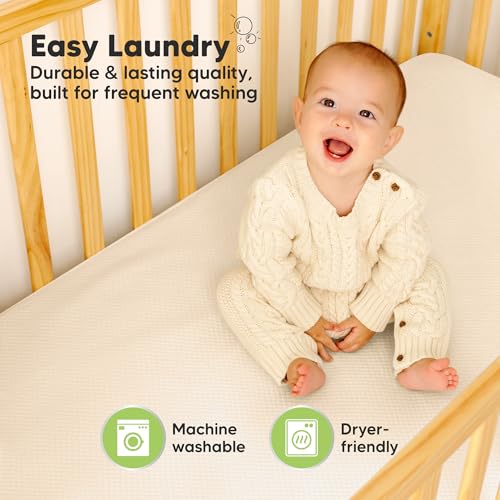 Image of 2-Pack Waterproof Crib Mattress Protector Cover Fitted - Quiet Baby Crib Mattress Pad Sheets, 52 inch x 28 inch Soft Quilted Cotton Baby Sheet, Machine Washable, Easy Fit, Durable (Ecru /Quin)