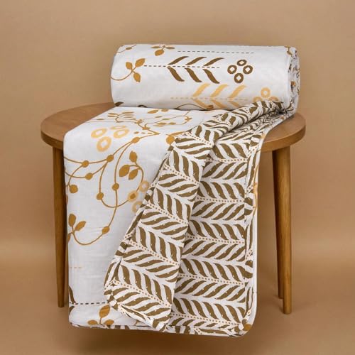 Image of HUESLAND 100% Cotton Reversible Dohar Toddler Size | Soft Cambric Weave, All Weather Light Comforter AC Quilt | Infants-New Born Blanket | 41 x 55 inches, Petal - White, Moss Green & Mustard