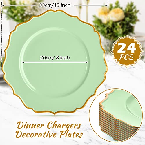 Mumufy 24 Pack Charger Plates Bulk 13 Inch Green Charger Plates Gold Trim Reusable Heavy Duty Large Round Dinner Chargers With Scalloped Rim For Wedding Upscale Party Festival Table Decoration #TOP1