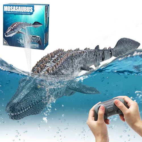 DAWRIS 2.4GHz Mosasaurus Remote Control Boat Toy Realistic Mosasaurus RC Submarine for Adults und Kids Radio Controlled Boat with LED Light & Spray Mist Dual Propeller Toy for Pool Pond Bathroom