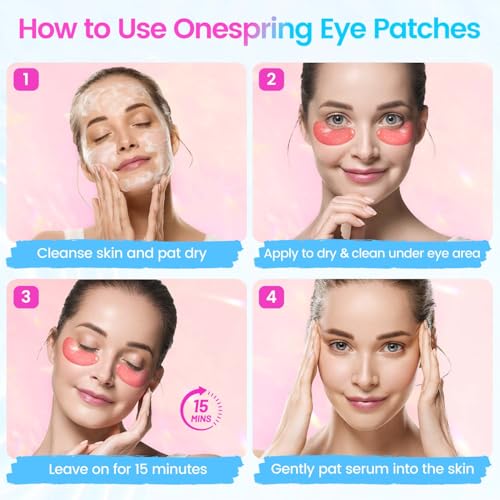Image of Onespring Eye Masks (8 Pairs) - Travel Essentials - Under Eye Patches for Dark Circles, Puffiness, Fine Lines with Collagen, Revitalises and Refreshes Your Skin, Bridesmaid Gift for Her