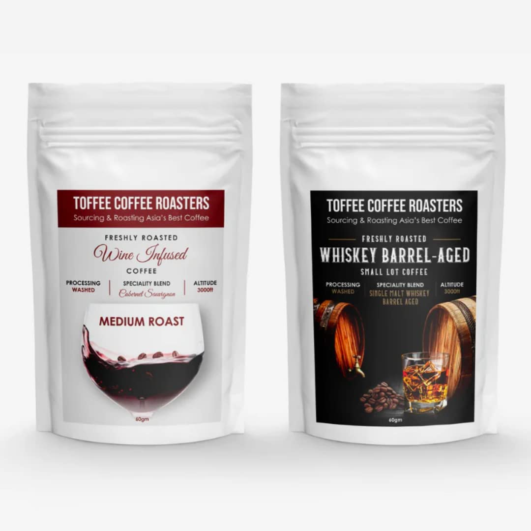 Toffee Coffee Roasters Freshly Roasted Barrel Aged Coffee Bag Sampler Pack Combo (Whiskey Barrel - 60 Gm And Wine Infused - 60 Gm) - Cold Brew