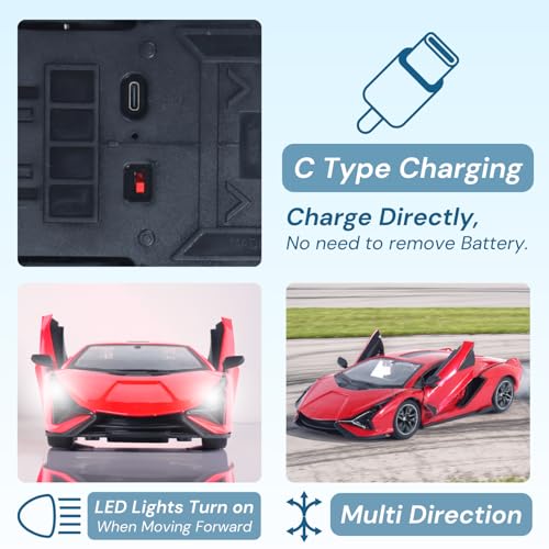 Image of Popsugar Door Opening Remote Control Car|Rechargeable 1200mAh Lithium Battery|C-Type Charging|75-Min Runtime|2.4G Long Range Remote (100+ ft)|HighSpeed RC Car|Gift for Kids|Made in India (Red)